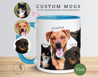 Linda taza de café de cerámica, retrato personalizado de 3 perros, regalos para mascotas para taza de perros / MG10027, taza personalizada de 11 oz en color en el interior