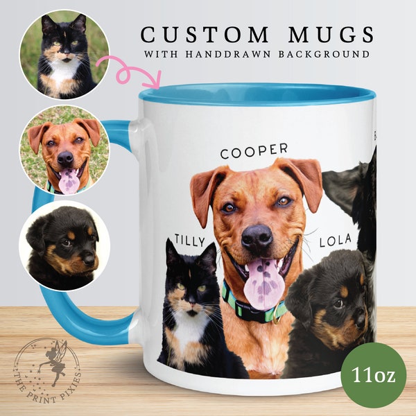 Linda taza de café de cerámica, retrato personalizado de 3 perros, regalos para mascotas para taza de perros / MG10027, taza personalizada de 11 oz en color en el interior