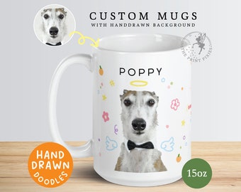 15oz Coffee Mug White, Custom Hand Painted Background Pet Portraits, Unique Pet Lovers Gift Ideas | MG10049, 15oz Custom White Glossy Mug