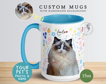 Kaffeetasse Katze, Geschenk für Katzenliebhaber, Katzengeschenke für Frauen, 15oz Kaffeetasse, Keramiktasse 11oz | MG10109, 15-Unzen-Farbbecher mit 1 Haustierfoto