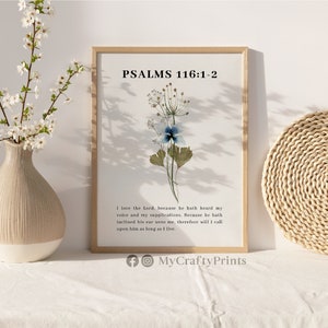 Psalms 116:1-2, Christian Posters Aesthetic, Floral Wall Art Set Of 3, Christian Art Prints Download FEAT02 CHR25 zdjęcie 2