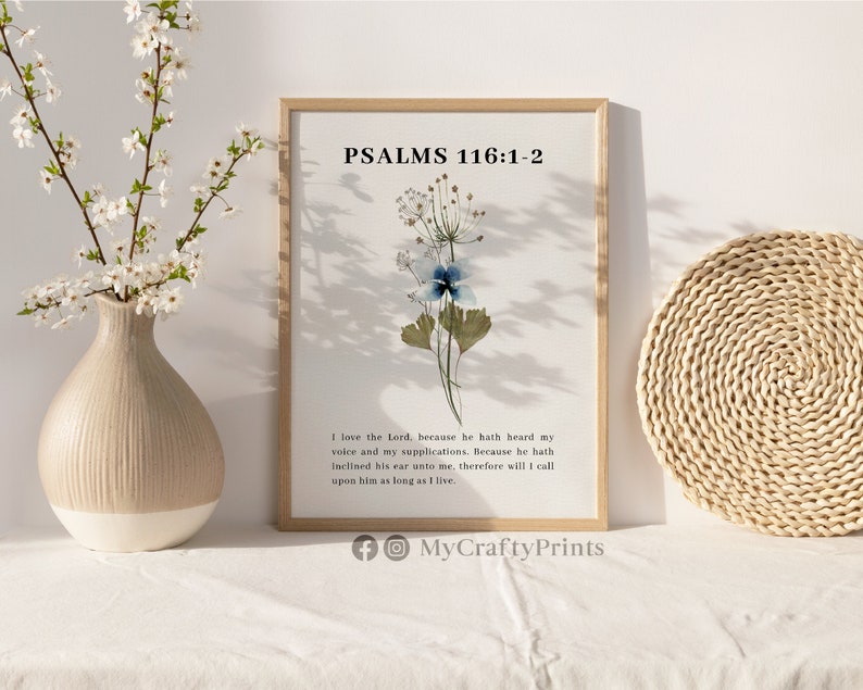 Psalms 116:1-2, Christian Posters Aesthetic, Floral Wall Art Set Of 3, Christian Art Prints Download FEAT02 CHR25 zdjęcie 2