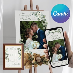 Plantilla de invitación de boda digital personalizada, editable, código QR de Canva, descarga, paquete de tarjetas RSVP imprimibles, mesa de invitación para sitio web, DIG10101