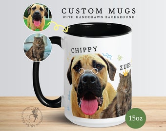 Taza de café con foto personalizada, retrato personalizado de mascota múltiple, regalos conmemorativos para perros personalizables / MG10031, taza personalizada de 15 oz en color en el interior