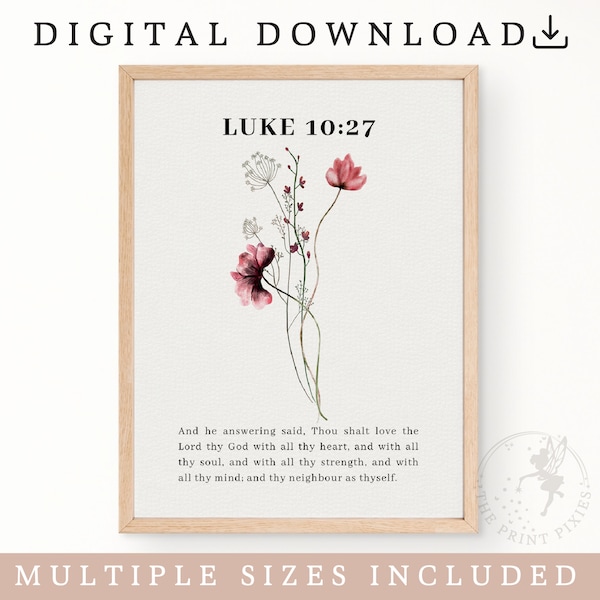 Lucas 10:27, Conjunto de impresión del mercado de flores, Descarga digital de arte de pared de flores, Regalo de decoración del hogar cristiano / FEAT02 CHR30