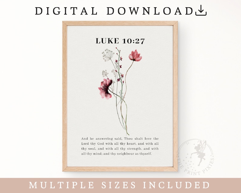 Luke 10:27, Flower Market Print Set, Flower Wall Art Digital Download, Christian Home Decor Gift FEAT02 CHR30 zdjęcie 1