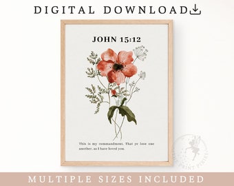 John 15:12, Bible Verse Wall Art, Bible Verse Art For Nursery, Floral Wall Art Set Of 3 | FEAT02 CHR06