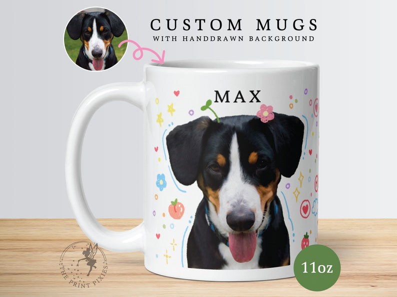 Blue And White Ceramic Coffee Mug, Custom Pet Portrait From Photo, Pet Gifts For Dogs Birthday MG10045, 11oz Custom White Glossy Mug zdjęcie 2