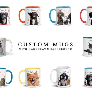 a group of coffee mugs with dogs and cats on them