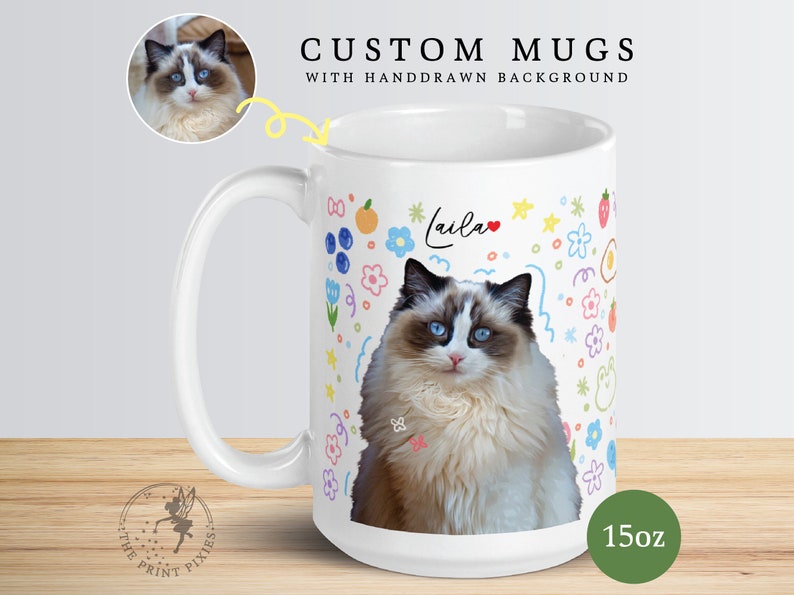 Custom Cat Mom Mug, Pet Portrait From Photo Cat, Customizable Cat Mom Gifts MG10051, 15oz Custom White Glossy Mug image 2