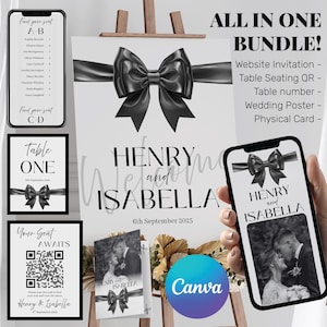 以下が含まれることがあります： 黒と白をテーマにしたウェディングバンドル。バンドルには、ウェブサイト招待状、テーブル席QRコード、テーブル番号、ウェディングポスター、物理カードが含まれています。デザインは黒いリボンと「ヘンリーとイザベラ」の名前が特徴です。