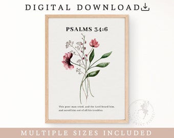 Psalm 34:6, Christian Wall Art Printable, Christian Posters Aesthetic, Flower Print Wall Art | FEAT02 CHR09