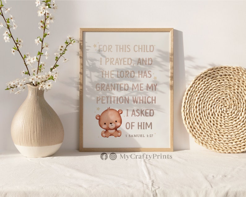 1 SAMUEL 1:27, Home Decor Wall Art, Nursery Sign Quote, Inspirational Quotes Wall Art, Baptism Gift boy, Baptism Gift FEAT02 CHR34 image 2