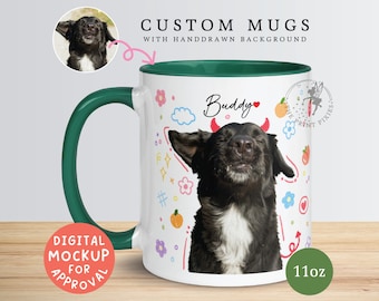 Taza personalizada para mamá de perro, retrato de animal a partir de una foto, ideas de regalos de cumpleaños para perros / MG10002, taza personalizada de 11 oz con color en el interior