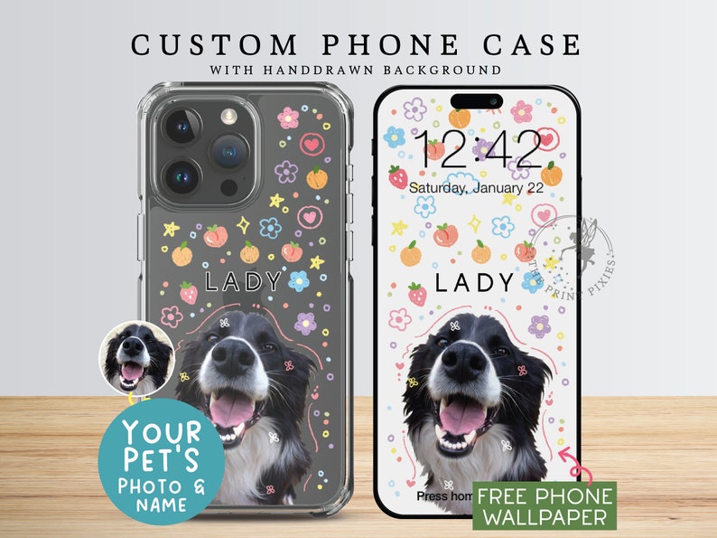 Kawaii Phone Case, iPhone 13 Pro Case, Aesthetic Phone Case, Cute Phone Case, iPhone 12 Pro Case PC10101, Clear Case with 1 Pet Photo image 1