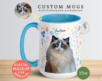 Koffiemok kattenliefhebber, gepersonaliseerde kat Memorial foto, huisdier condoleances cadeau voor verlies kat | MG10030, 15oz aangepaste mok kleur binnenin