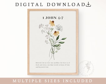 1 John 4:7, Flowers Wall Art Print, Christian Home Decor Gift, Flower Poster Vintage | FEAT02 CHR14