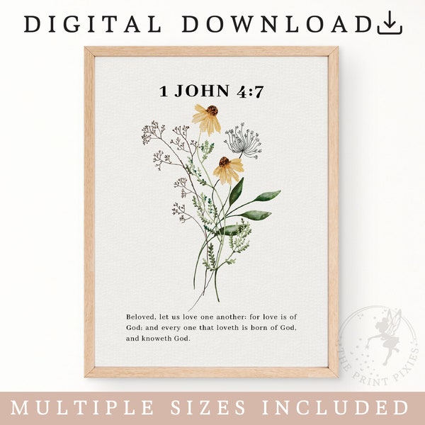 1 John 4:7, Flowers Wall Art Print, Christian Home Decor Gift, Flower Poster Vintage | FEAT02 CHR14