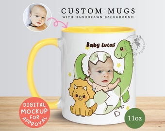 Personalized Coffee Mug With Photo, Custom Gifts For New Mom, Custom Mug With Words, Make Your Own Mug | BM10104, 11oz Dinosaur Mug, 1 Baby