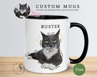 Mug à café chat mignon, portrait de chat à partir d'une photo, cadeaux de sympathie pour la perte d'un chat | MG10026, Mug personnalisé de 11 oz, couleur à l'intérieur