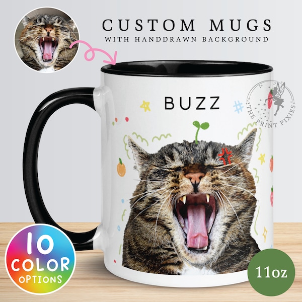 Tazas de café con gatos, regalos para amantes de los gatos, regalo de papá gato, tazas de café de 15 oz, foto de taza de café personalizada / MG10108, taza de color de 11 oz 1 mascota