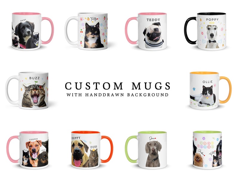 a group of coffee mugs with dogs and cats on them