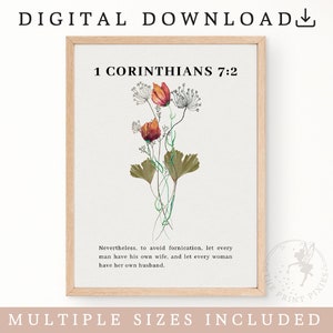 1 Corinthians 7:2, Bible Verse Print Nursery, Modern Christian Art Large, Flowers Wall Art Print FEAT02 CHR20 image 1