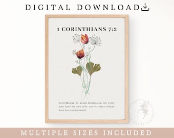 1 Corinthians 7:2, Bible Verse Print Nursery, Modern Christian Art Large, Flowers Wall Art Print | FEAT02 CHR20