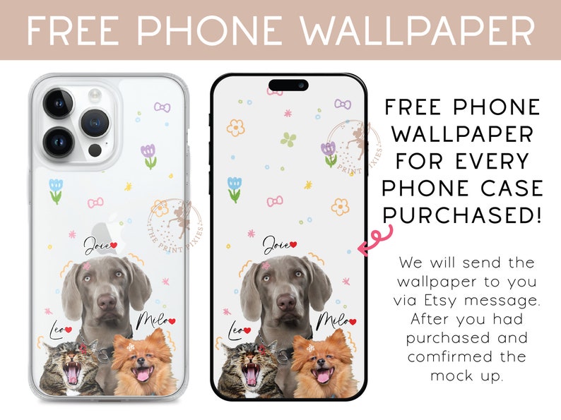 a phone case with a picture of a dog and two cats