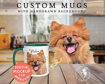 Familie aangepaste koffiemok met honden, gepersonaliseerde huisdier portret aquarel, schattige puppy minnaar geschenken | MG10006, 11oz aangepaste mok kleur binnenin