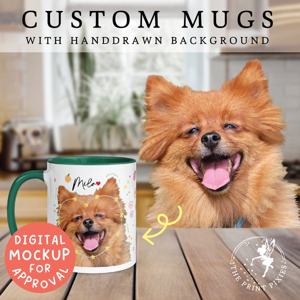 Family Custom Coffee Mug With Dogs, Personalized Pet Portrait Watercolor, Cute Puppy Lover Gifts | MG10006, 11oz Custom Mug Color Inside