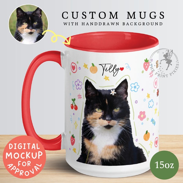 Taza personalizada para mamá gato, retrato de gato personalizado a partir de una foto, regalo divertido para amantes de los gatos / MG10038, taza personalizada de 15 oz en color en el interior