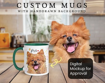 Family Custom Coffee Mug With Dogs, Personalized Pet Portrait Watercolor, Cute Puppy Lover Gifts | MG10006, 11oz Custom Mug Color Inside