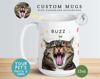 Mug papa chat personnalisé, Mug pour amoureux des chats, cadeaux pour la perte d'un animal de compagnie chat | MG10050, Mug blanc brillant personnalisé de 15 oz