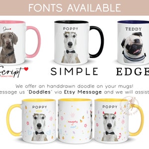 a set of four coffee mugs with dogs on them