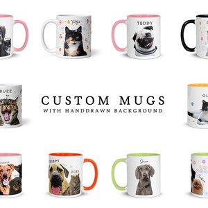 a group of coffee mugs with dogs and cats on them