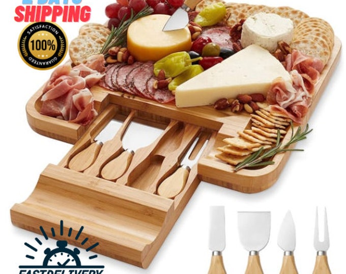 Premium Bamboo Cheese Board Set with Knife Set - Perfect Gift for Cheese Lovers Handcrafted Bamboo Cheese Board with Knife Set