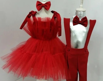 Custom Made Any Color Baby Girls Boys Matching Birthday Party Outfit Brother Sister Toddlers Photoshoot Matching Outfit Tuxedo Pants Bowtie