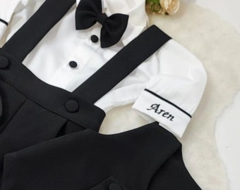 Personalized Boys 5 Pieces Black Ring Bearer Suit Set Boys Custom Birthday Outfit Boys 1st Birthday Suit Shirt Short/Long Tuxedo Pants Vest