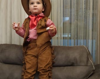 Kids Cowboy Halloween Costume: Fringe Vest, Pants & Checkered Shirt