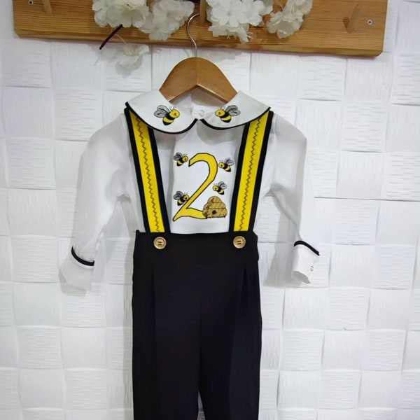 Personalized Boys 1st 2nd Birthday Outfit Custom Boys Bumble Bee Birthday Suit Set Toddler Boys Yellow Bumble Bee Birthday Outfit Set