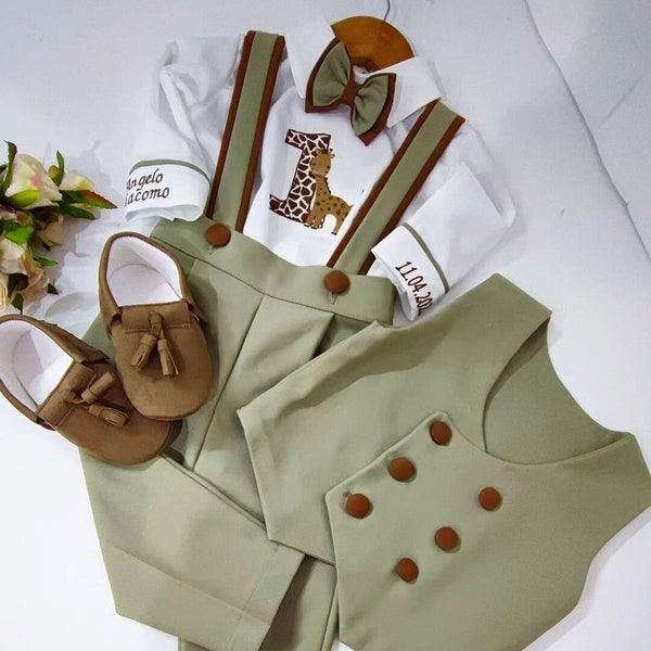 Personalized Boys 1st Birthday Suit Set Custom Safari Animal Theme Green Brown Birthday Safari Monogramed Shirt Pants Suspender Bowtie Vest