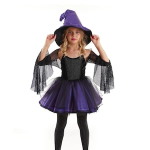Halloween Girls Toddlers Witch Costume, Witch Girl Outfit, Witch Tutu Girls Witch Halloween Costume Purple Black Witch Costume Witch Hat
