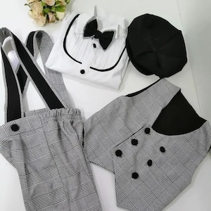 Boys 5 Pieces Tuxedo Suit Boys 1st Birthday Outfit Black Ringboy Wedding Suit Boys First Birthday Monogrammed Shirt Boys Checkered Suit Set
