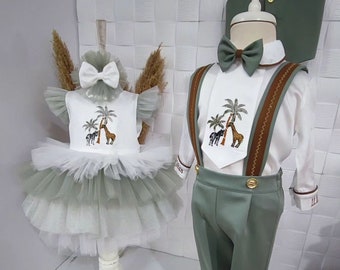 Twins Girls Boys 1st Birthday Toddlers Twins First Birthday Matching Safari Outfit Monogrammed Tutu Dress Embroidered Shirt Suspenders Dress
