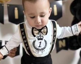 Personalized Boys 1st Birthday Suit Set Custom Boss Baby Birthday Boys First Birthday King Crown Monogramed Shirt Pants Suspender Bowtie