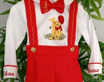 Personalized Winnie the Pooh 1st Birthday Outfit Embroidered Shirt, Suspenders, Winnie thw Pooh Birthday Party Boys First Birtday Suit