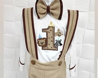 Personalized Safari 1st Birthday Outfit: Embroidered Animal Suit Set