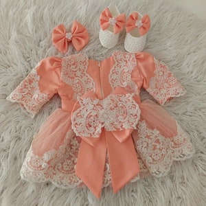 Baby Pink & White Lace Dress Set - Christening Baptism Outfit with Headband & Booties