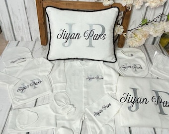 Personalized Newborn Hospital Coming Home Set Custom Name Baby Shower Gift Personalized Onesie Blanket Bib Hat Preemie Set Custom Bathrobe
